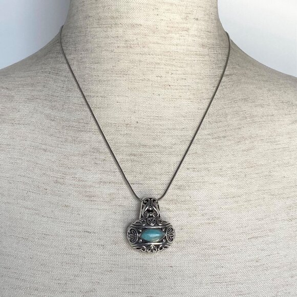 Sterling Silver 925 Chunky Bali Style Scrollwork Turquoise Pendant Necklace 18" - Picture 2 of 16